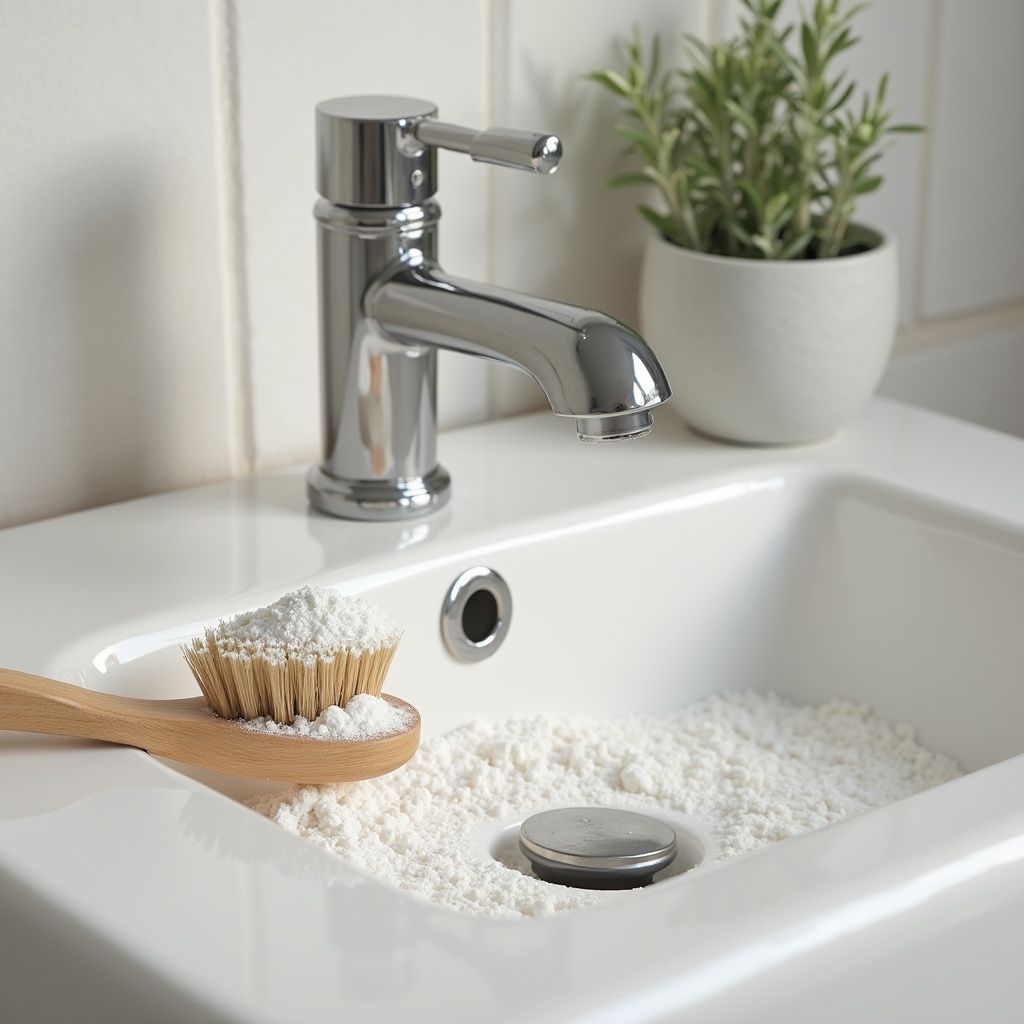 White sink filled with powder, a brush, and a faucet; a plant sits in the background.