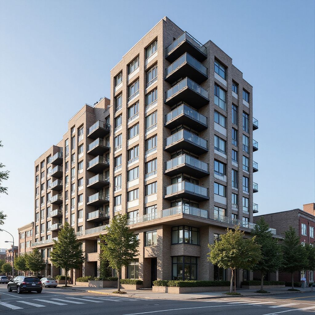 Brick apartment building with balconies on a city street; trees and parked cars present.