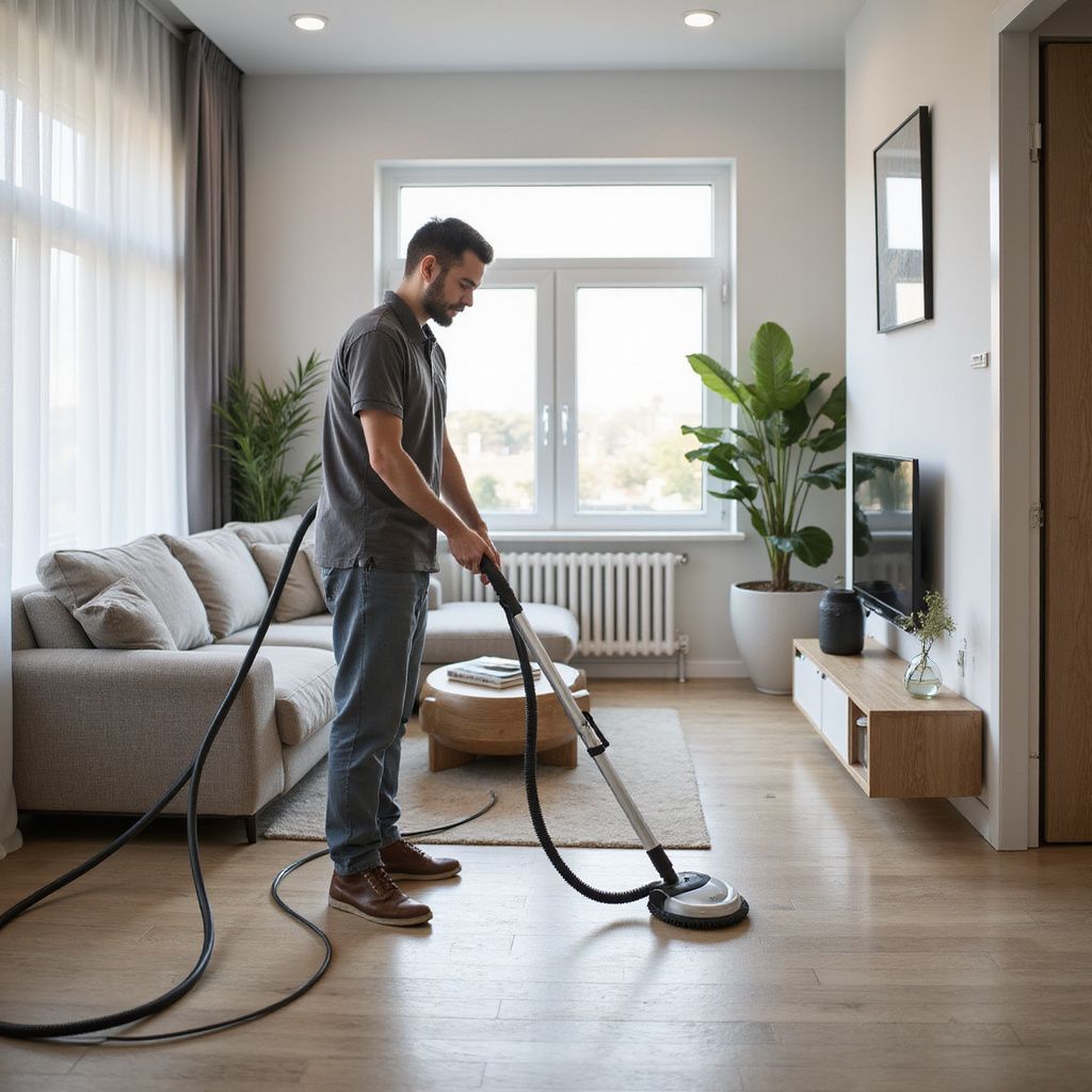 Man vacuuming hardwood floor in a living room with a couch, window, and plant.