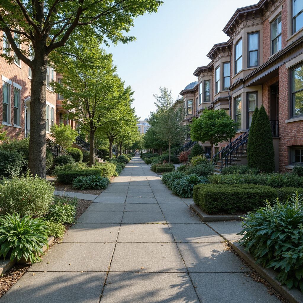 Row houses with brown brick exteriors line a tree-lined sidewalk. Lush bushes and trees flank the path.