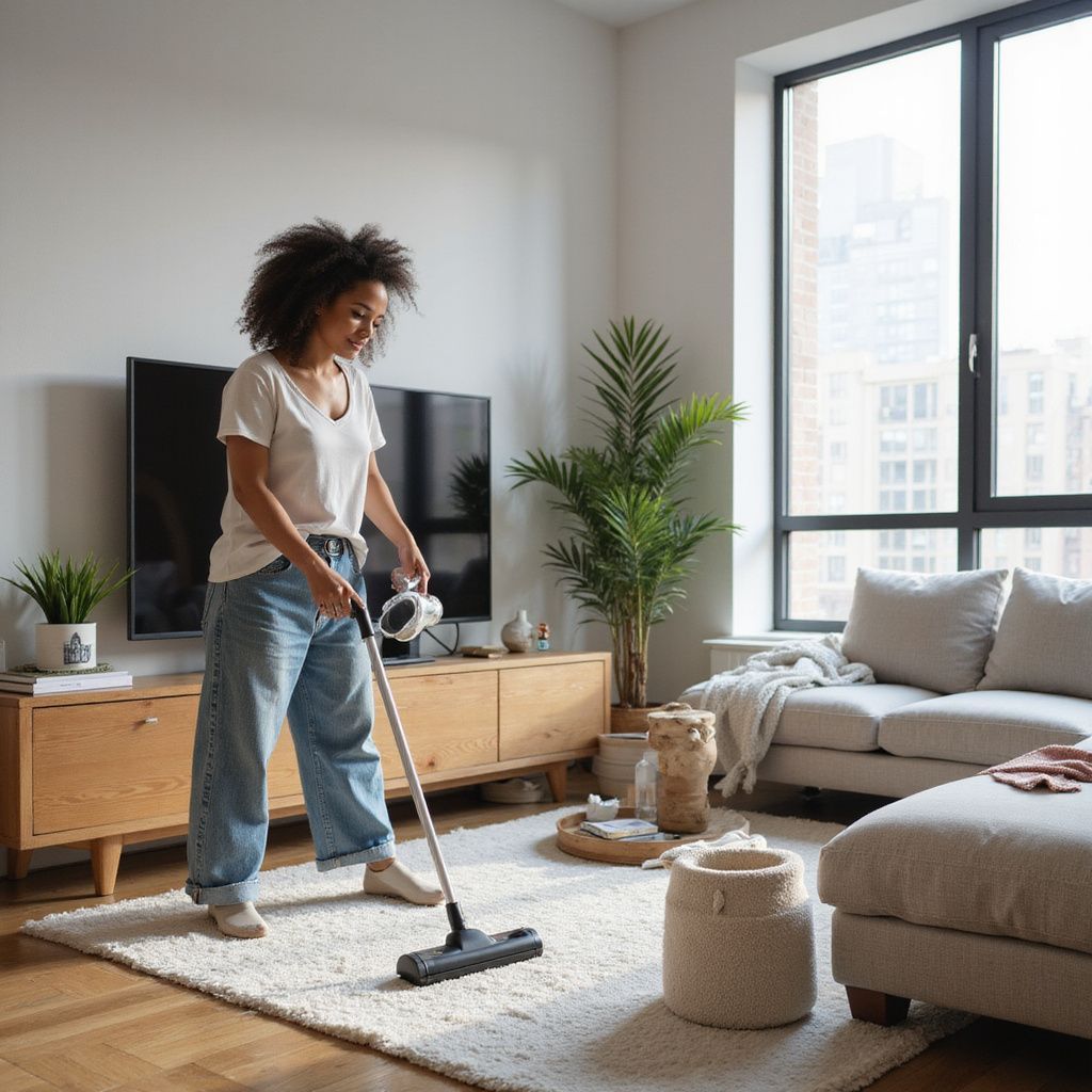 Woman vacuuming a rug in a modern living room with large windows, wooden furniture, and a sofa.