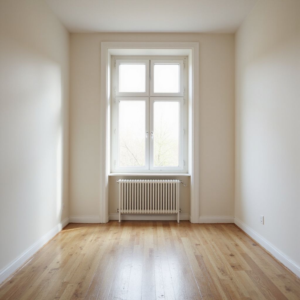 Empty room with hardwood floors, a window, and radiator.