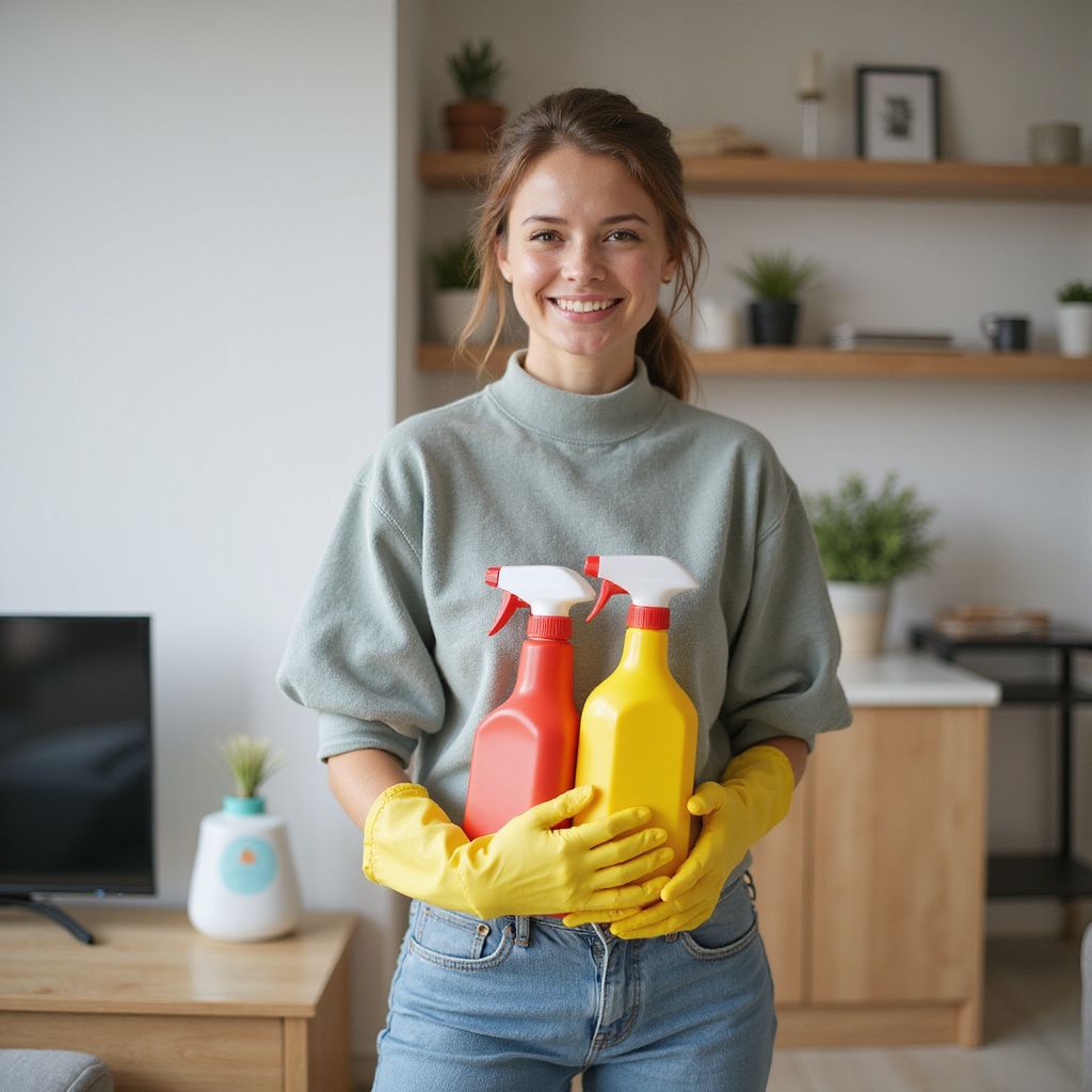 Woman with cleaning supplies smiles in a well-lit living room, wearing gloves and holding spray bottles.