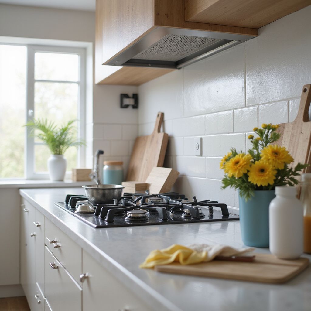 Kitchen with white countertops, stove, and light wood cabinets; flowers and cutting boards.