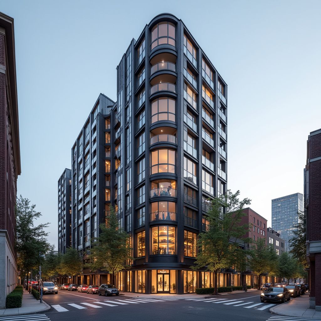 Modern, dark-gray building with curved glass corners. Street view with cars, trees, and other buildings.