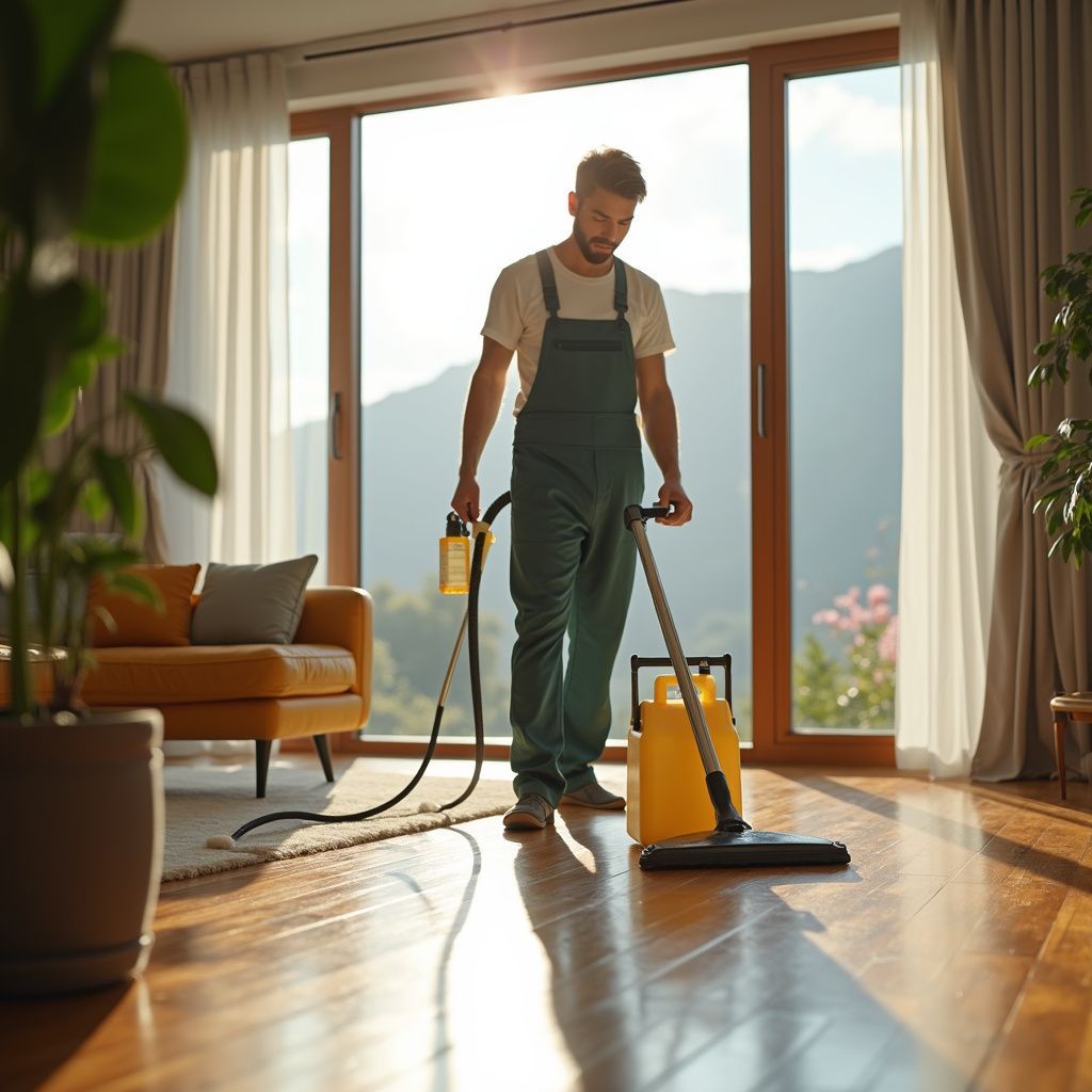 Man in overalls vacuums a wood floor in a sunlit room, overlooking a mountain view.