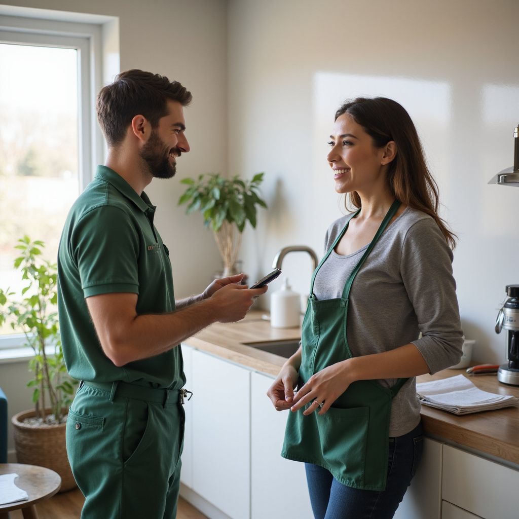 Man in green uniform and woman in apron smile, talking in a kitchen with a countertop, plants, and window.