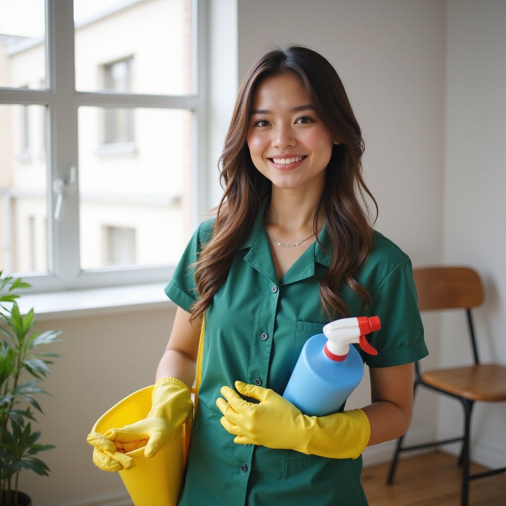 Woman in green uniform smiles, holding a blue cleaner and a yellow bucket and gloves, near a window.