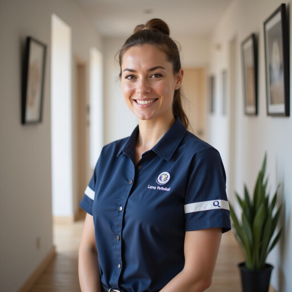 Woman with dark hair in a navy uniform smiles in a brightly lit hallway.