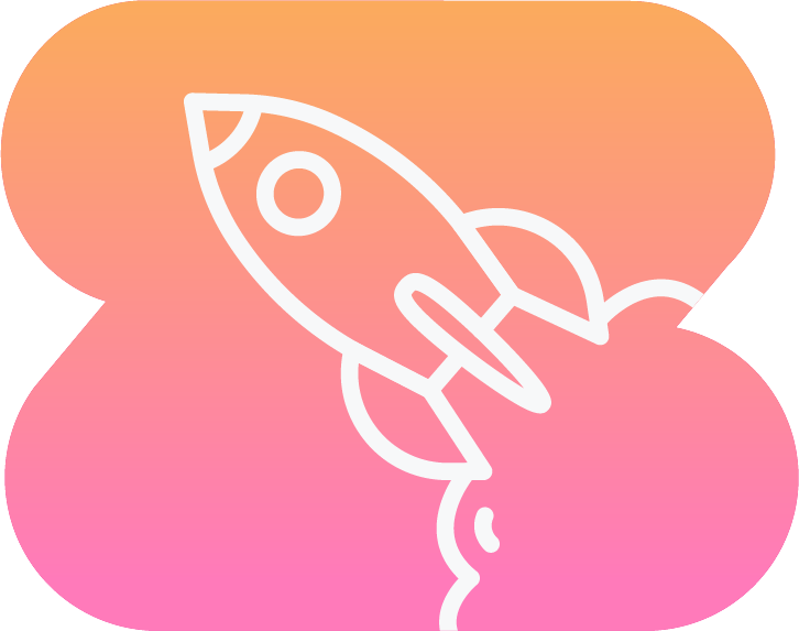 A rocket is flying through the air on a pink and orange background.