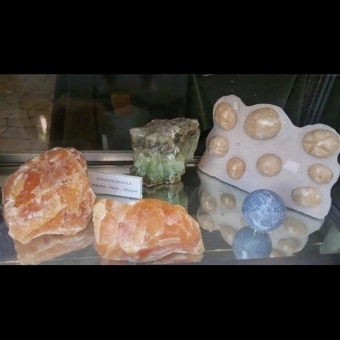 Una teca piena di diversi tipi di rocce e cristalli.