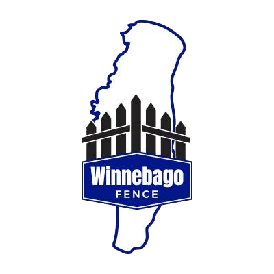 Logo for Winnebago Fence: silhouette of the state of Wisconsin with a fence and text 