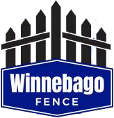 Logo for Winnebago Fence: black picket fence graphic over a blue, pentagon-shaped sign with white text.