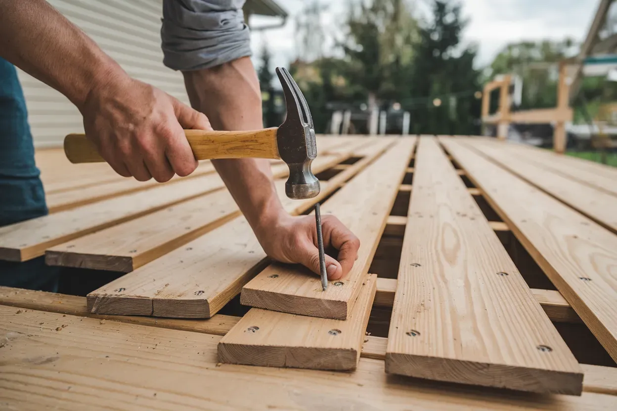 A man is hammering a nail into a piece of wood.