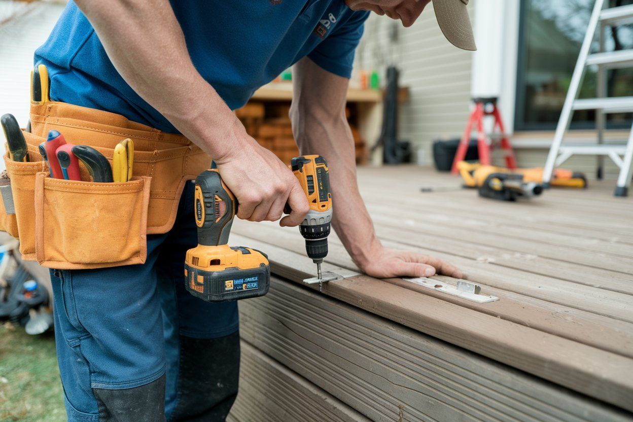 A man is using a drill on a wooden deck.