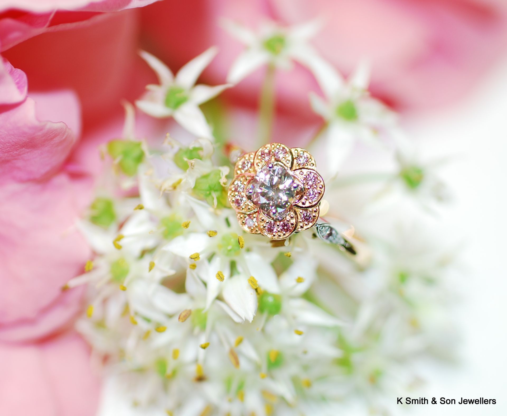 Diamond ring with pink and white flowers — K. Smith & Son Jewellers In Caloundra, QLD