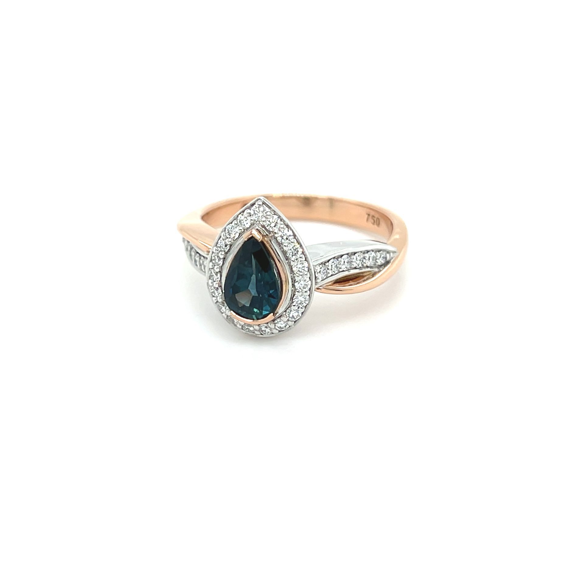 Rose gold ring with a pear-shaped blue gemstone and diamond halo — K. Smith & Son Jewellers In Caloundra, QLD