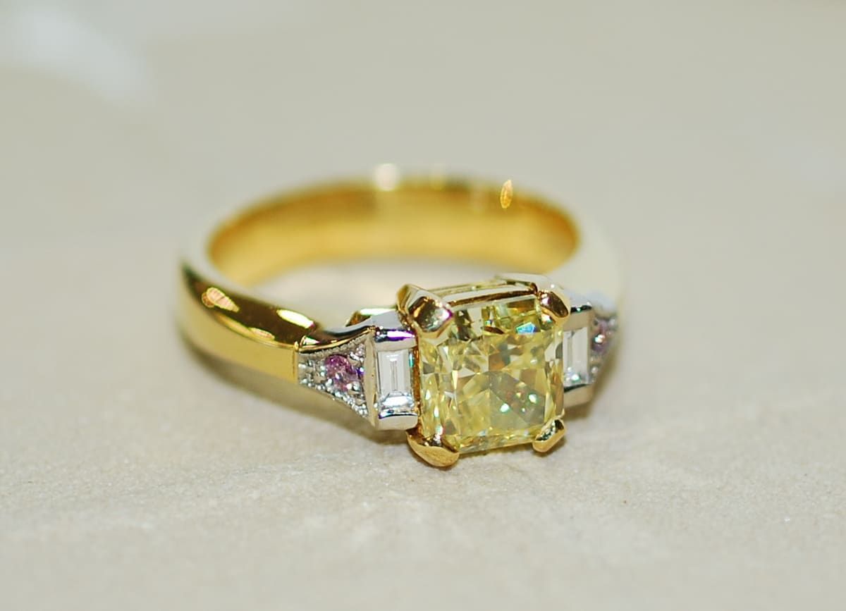 Gold Ring with A Large Yellow Square-Cut Diamond Center Stone, Flanked by White Rectangular and Pink Triangle-Shaped Stones — K. Smith & Son Jewellers In Caloundra, QLD