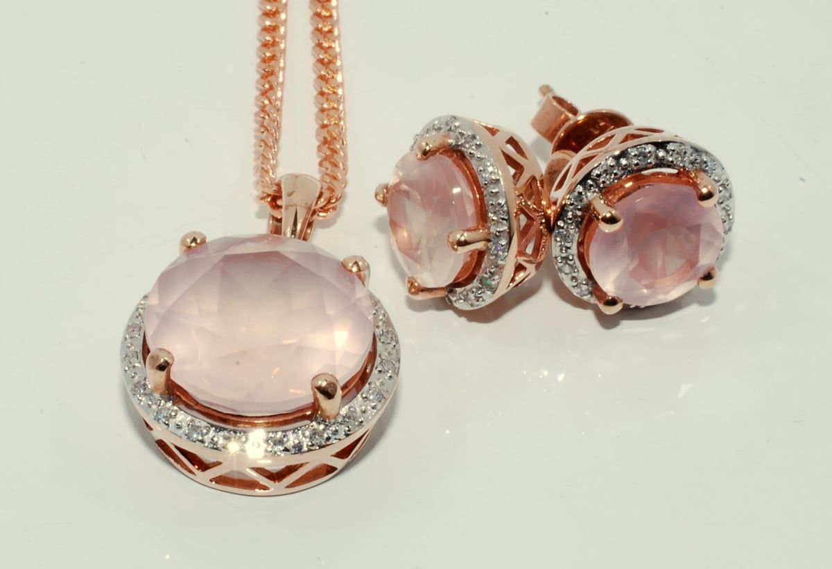 Rose Gold Jewelry Set Featuring a Necklace with A Pendant and Matching Stud Earrings, All with Pink Gemstones and Diamond Accents — K. Smith & Son Jewellers In Caloundra, QLD