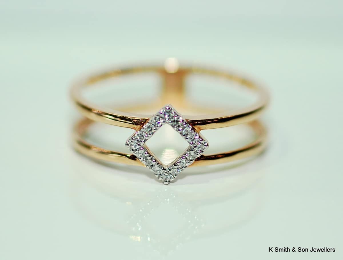 Gold Ring with A Diamond-Studded Square Center and Two Parallel Bands — K. Smith & Son Jewellers In Caloundra, QLD