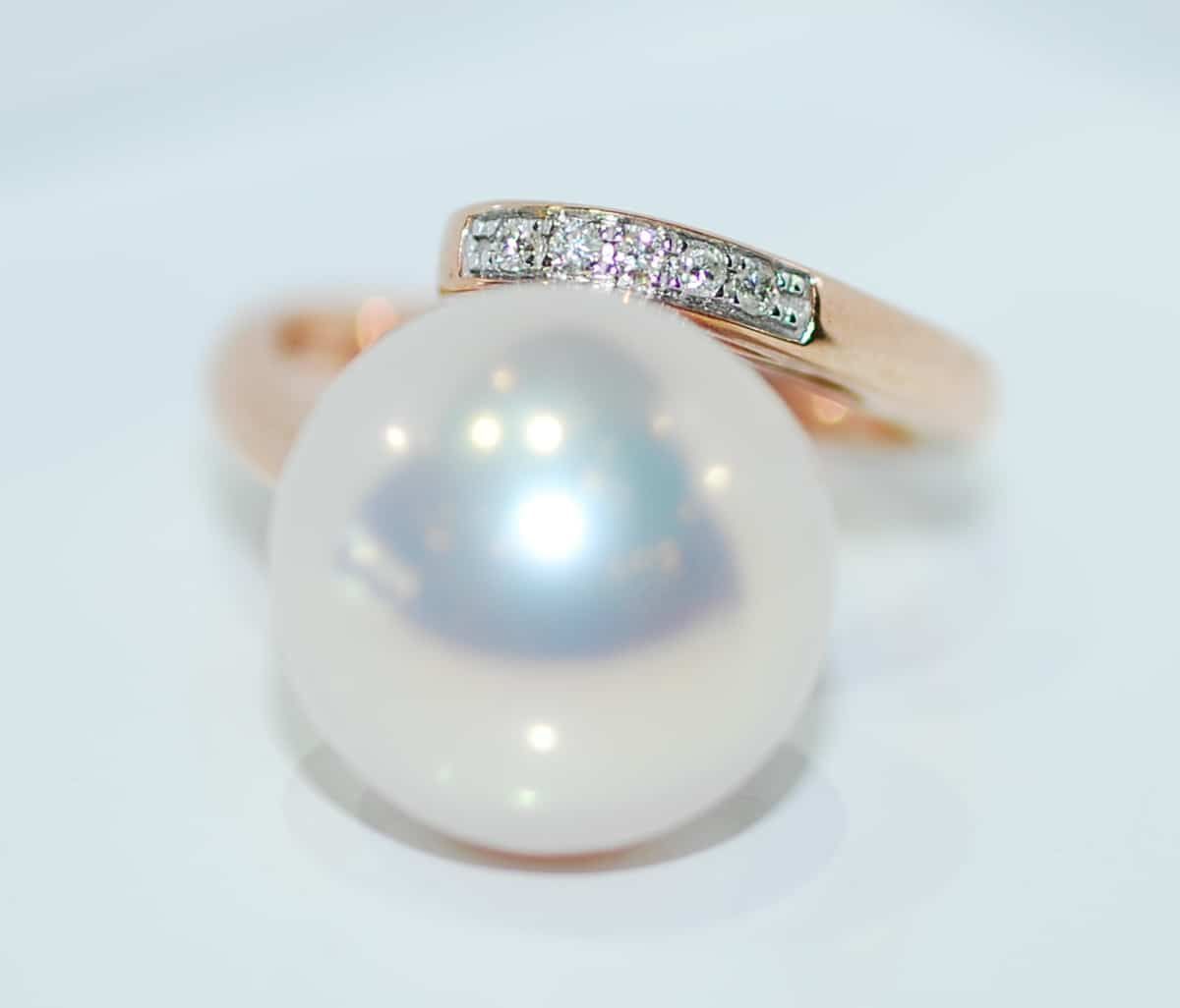 Close-Up of A Rose Gold Ring with A Large White Pearl and Diamonds — K. Smith & Son Jewellers In Caloundra, QLD