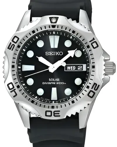 Silver and Black Seiko Solar Dive Watch with A Black Dial and Day/date Display — K. Smith & Son Jewellers In Caloundra, QLD