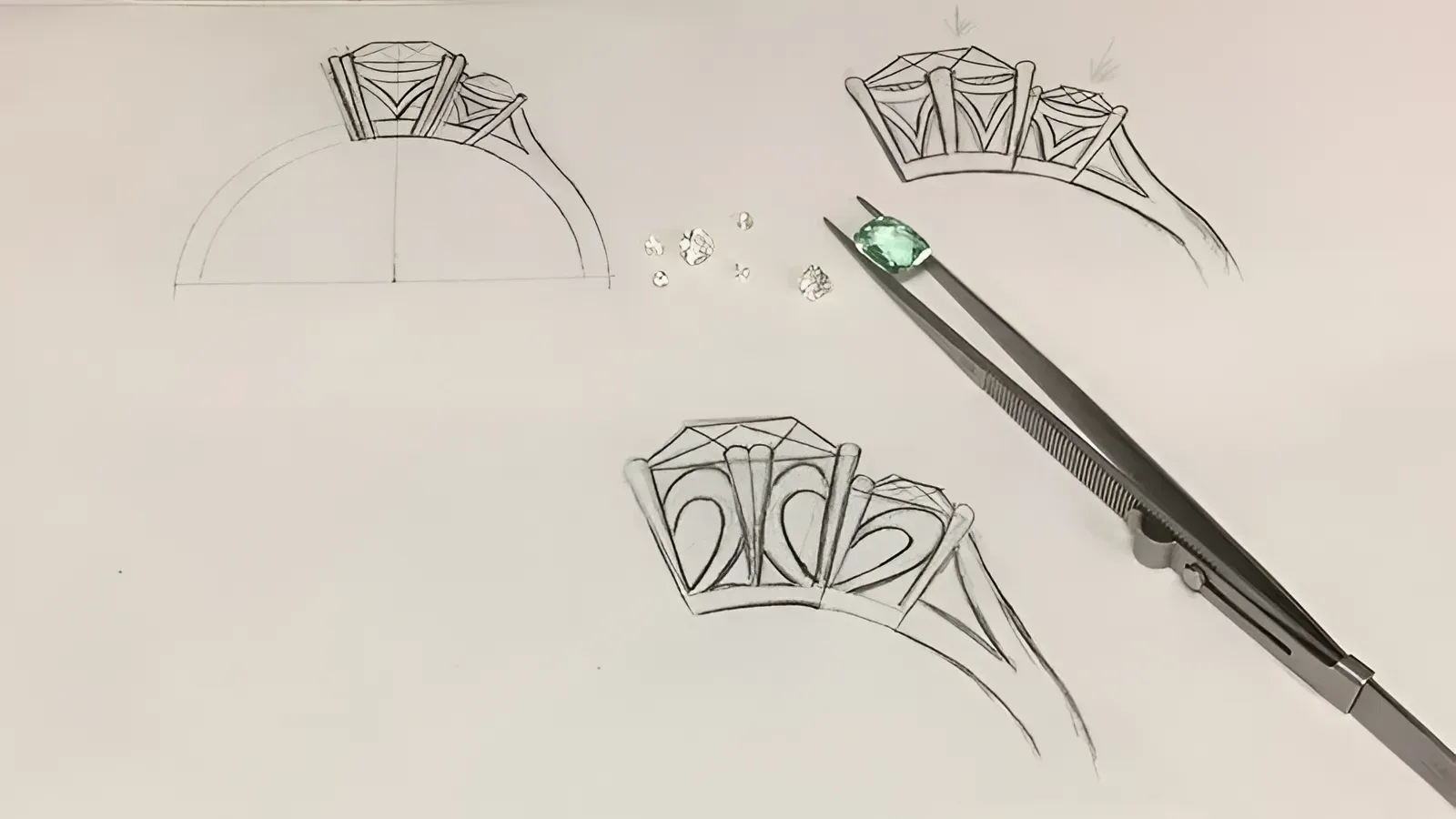A Drawing of a Ring With a Green Stone and Tweezers on a Piece of Paper — K. Smith & Son Jewellers In Caloundra, QLD
