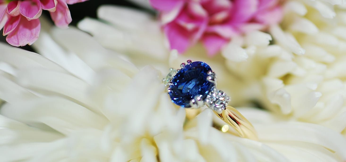 A Sapphire and Diamond Ring is Sitting on Top of a White Flower — K. Smith & Son Jewellers In Caloundra, QLD