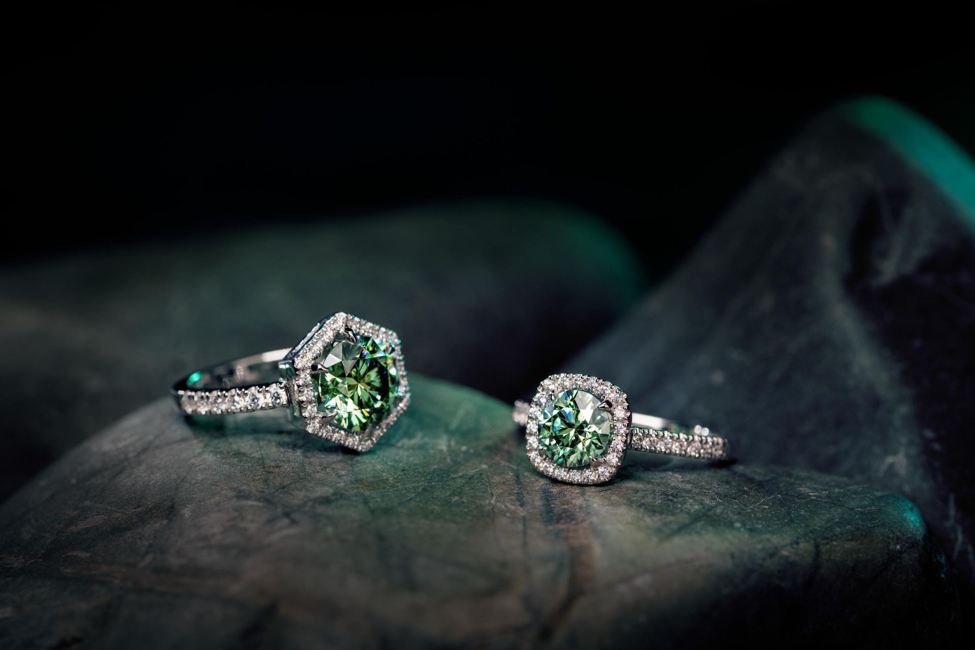 Two Diamond Rings With Green Center Stones — K. Smith & Son Jewellers In Caloundra, QLD