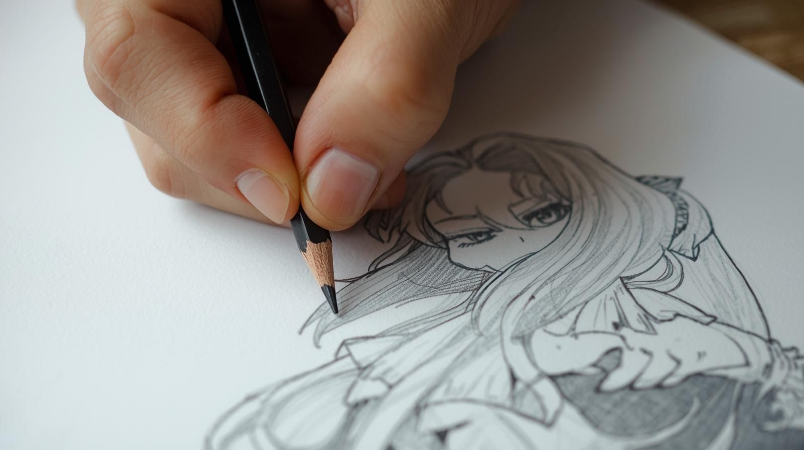 Hand drawing anime art with a pencil on white paper.