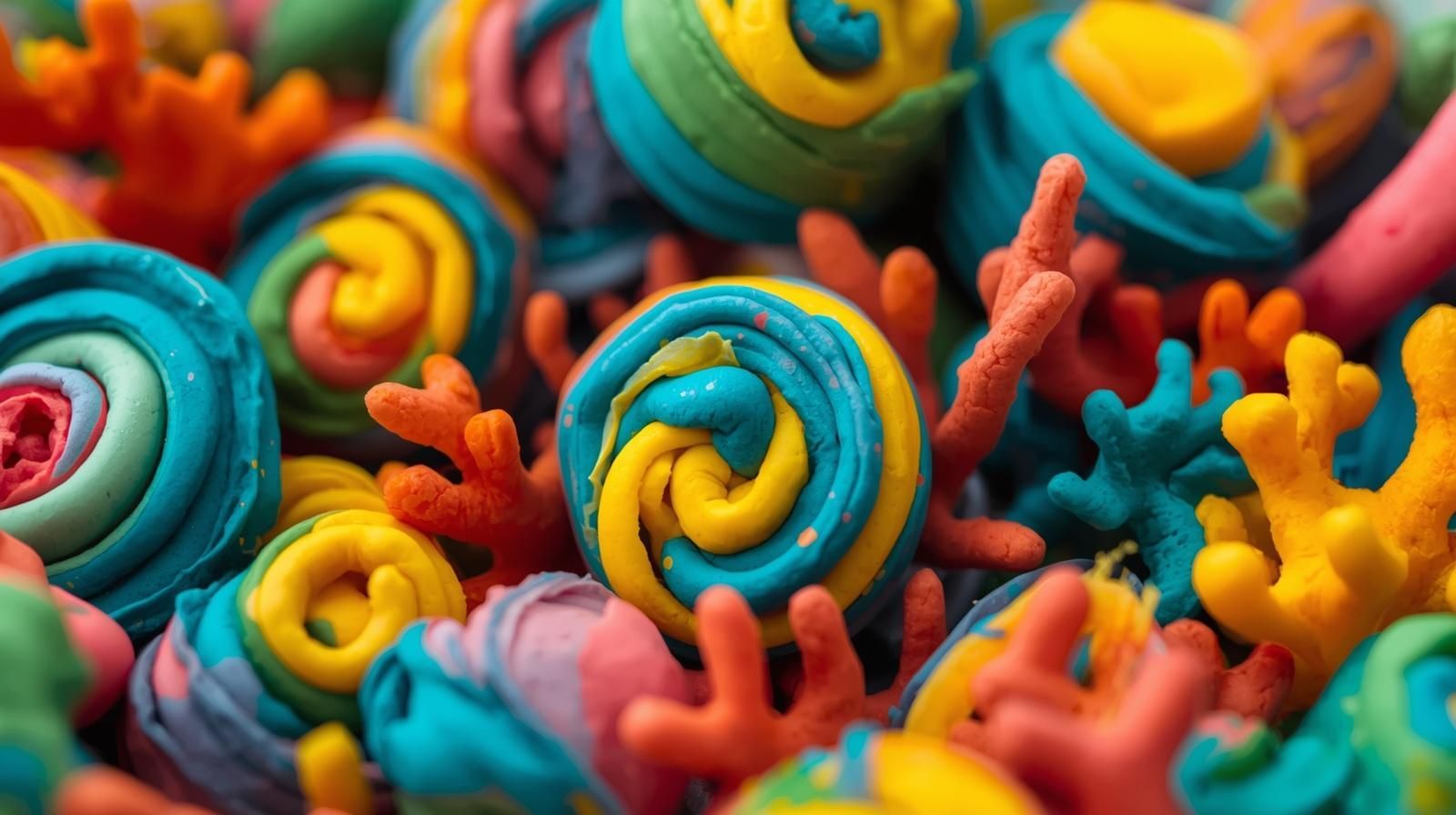 Colorful Play-Doh shaped into coral, close-up—blue, yellow, red, and pink colors.