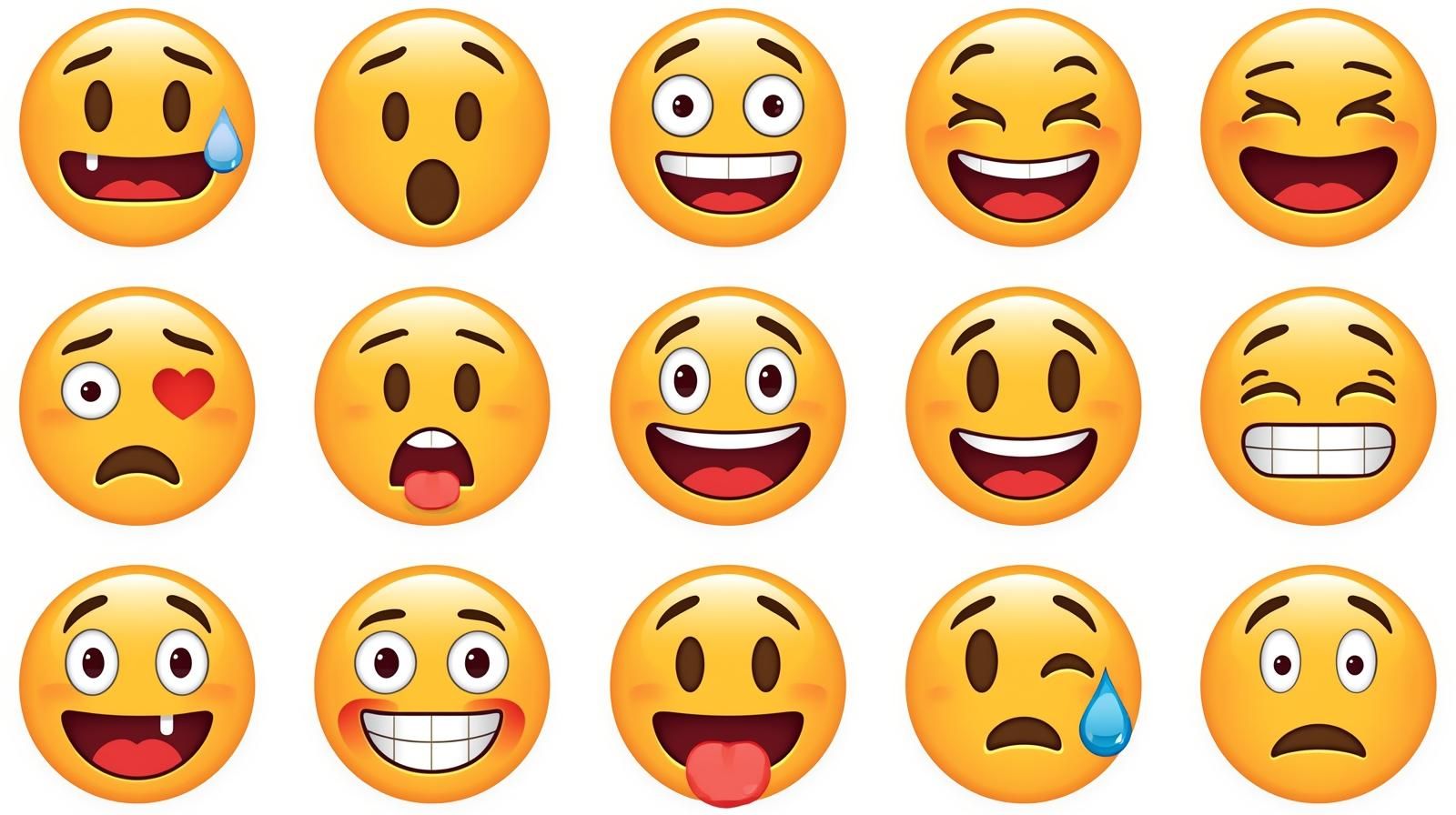 Fifteen yellow emoji faces, various expressions: surprised, happy, laughing, in love, sticking tongue out, winking, and crying.