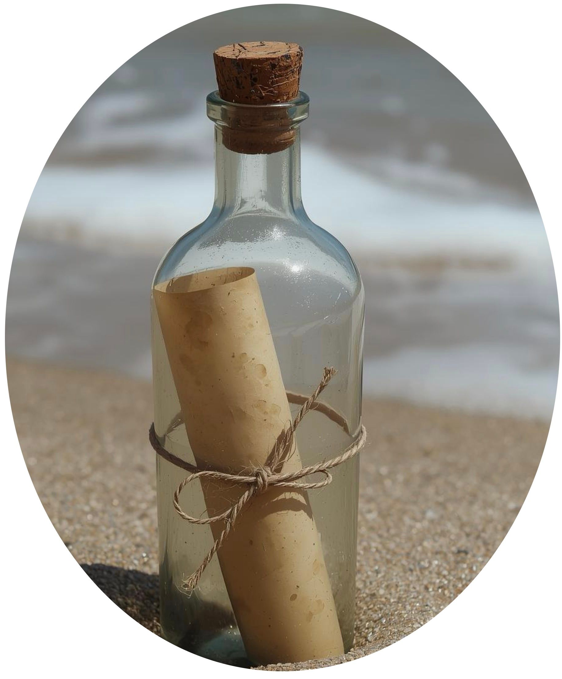 Bottle with a rolled message on a sandy beach, with waves in the background.