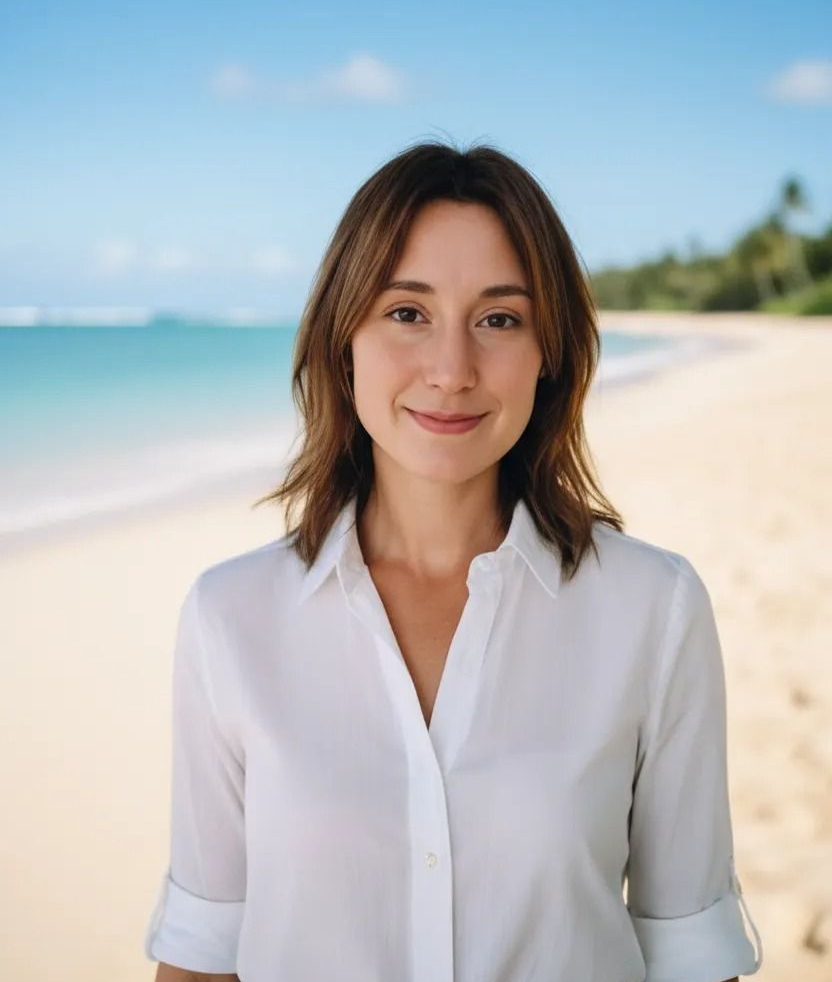 Morgan Larkin smiles, wearing a light denim jacket, white shirt, tan pants, outside.