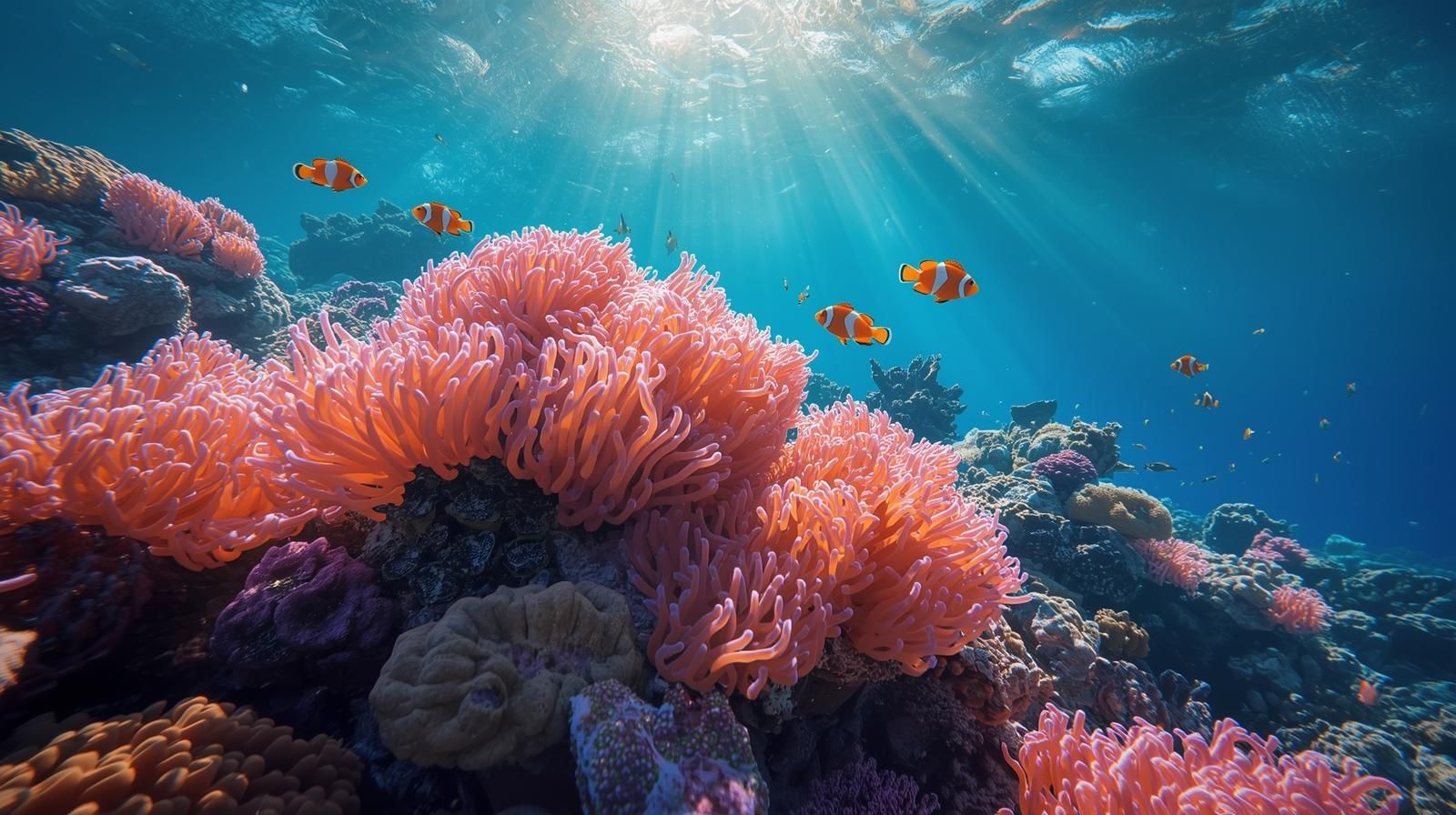 Underwater coral reef with orange anemones and clownfish, sunlight filtering through the water.