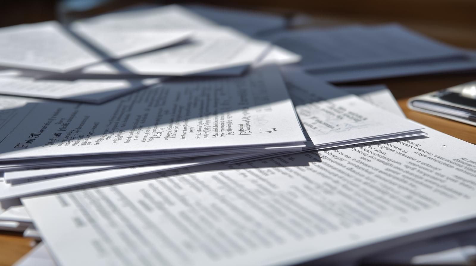 Piles of white papers on a wooden surface, partially lit by sunlight.