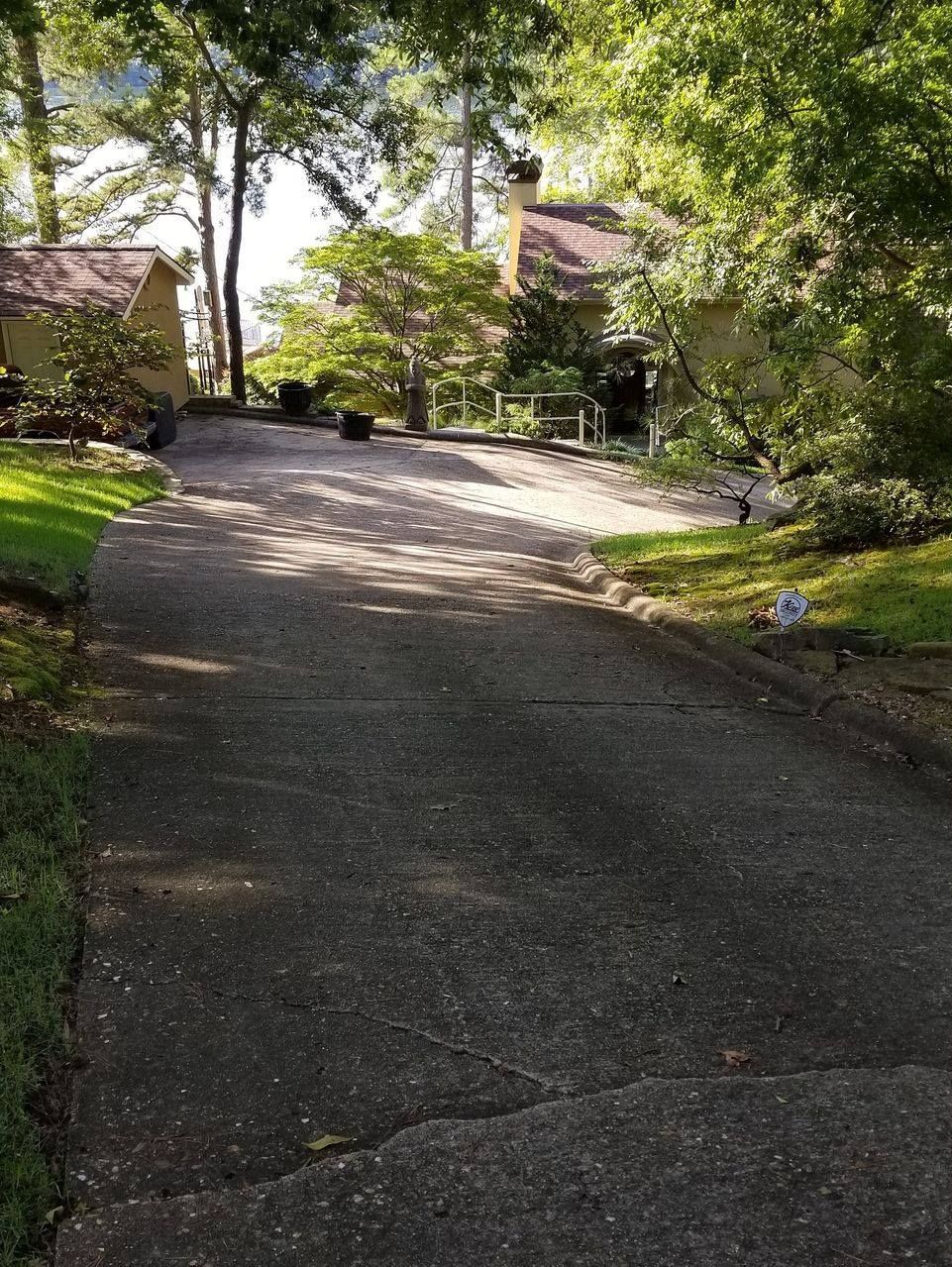 A driveway leading to a house surrounded by trees and grass.