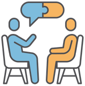 Two people in chairs, one blue talking, one orange listening, speech bubble with puzzle pieces above.