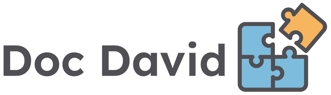 Doc David logo with puzzle pieces, blue and orange.