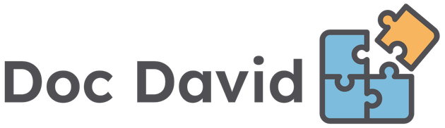 Doc David logo with puzzle pieces, blue and orange.