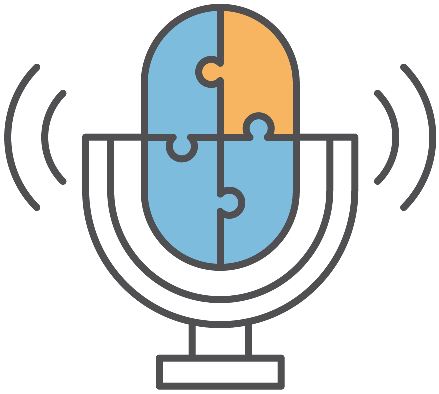 Microphone with blue and orange puzzle pieces, indicating problem-solving podcast.
