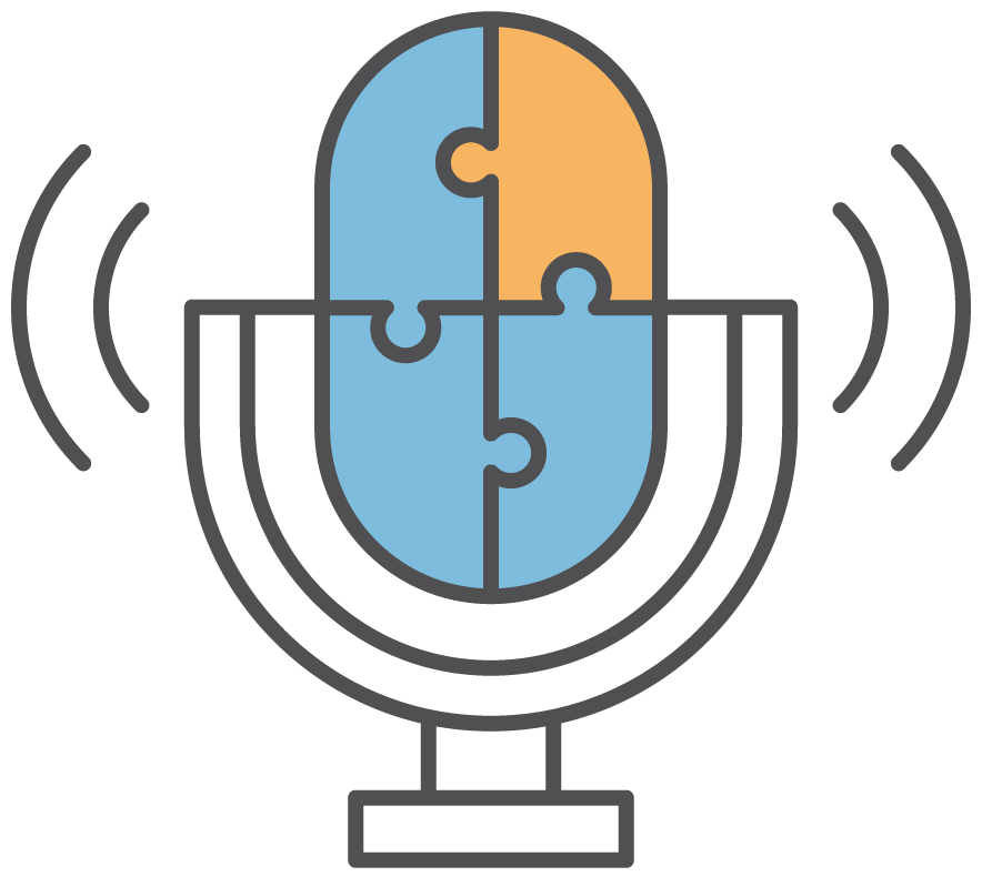 Podcast microphone with puzzle pieces, representing collaborative discussions.