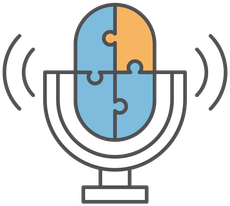 Podcast microphone with puzzle pieces, representing collaborative discussions.