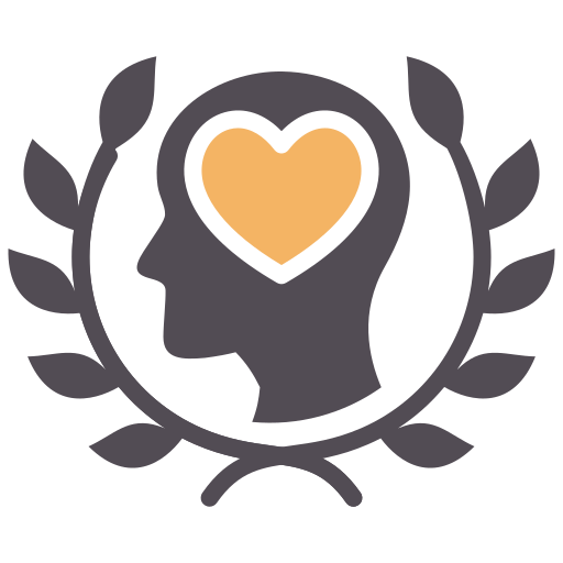 Silhouette of a head with a heart inside, laurel wreath surrounding it; orange heart, grey head, and dark leaves.