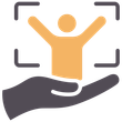 Hand cradling a person with arms raised, within a focus frame; yellow and gray colors.