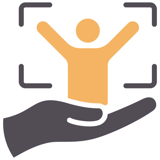 Hand holding a person with arms raised, in a target frame.
