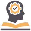 Head with gear and checkmark, on top of open book.