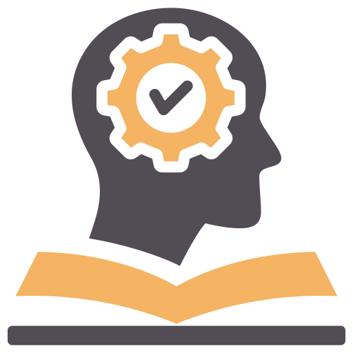 Head silhouette with gear and check mark over an open book, promoting knowledge.