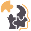 Head silhouette made of puzzle pieces, with an orange piece fitting in.