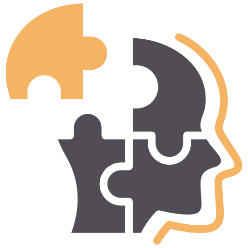 Brain composed of puzzle pieces, one being placed, in shades of gray and orange.